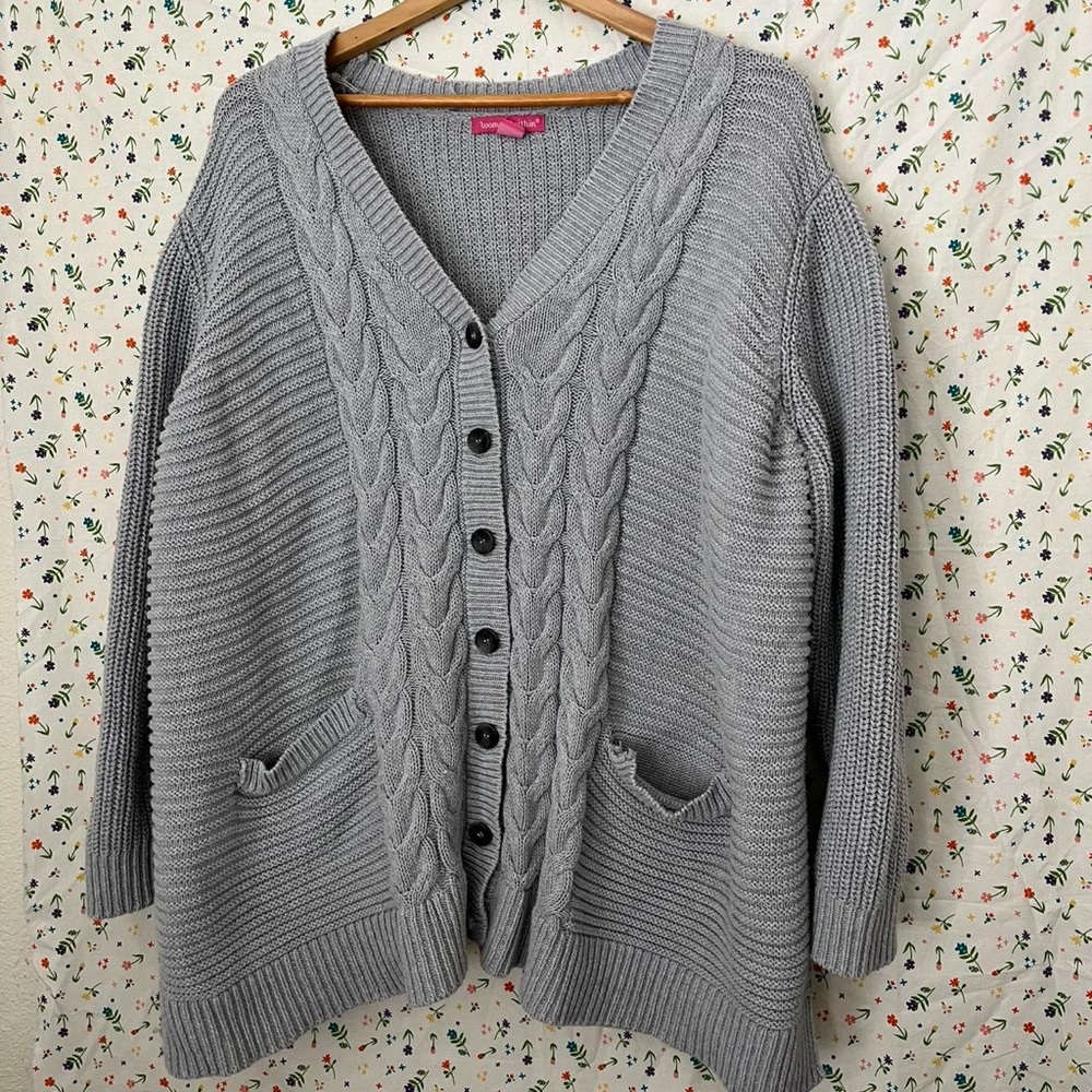 Woman Within Gray Cardigan with V-neck and Cable Knit Pattern